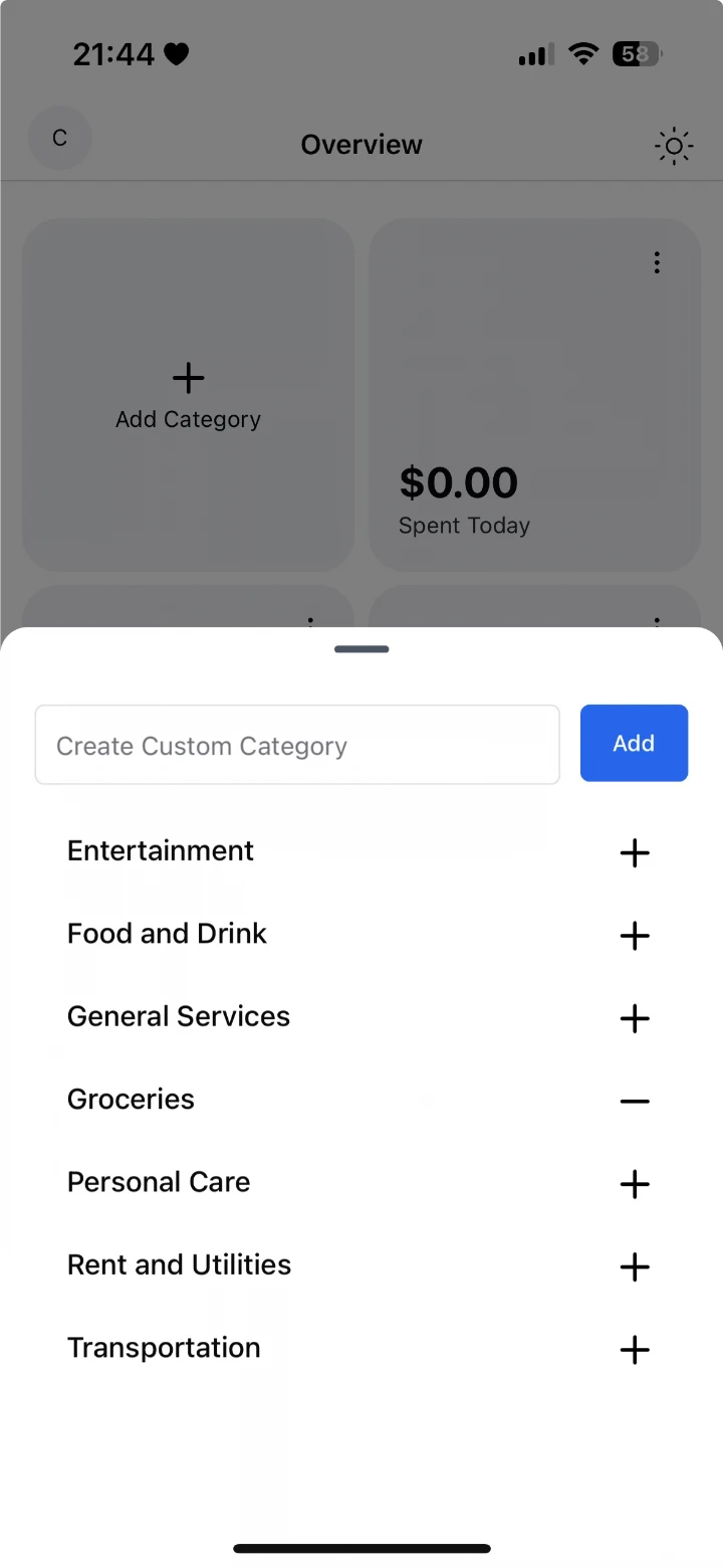 Choosing categories in Cagni, with a field for creating a custom one.
